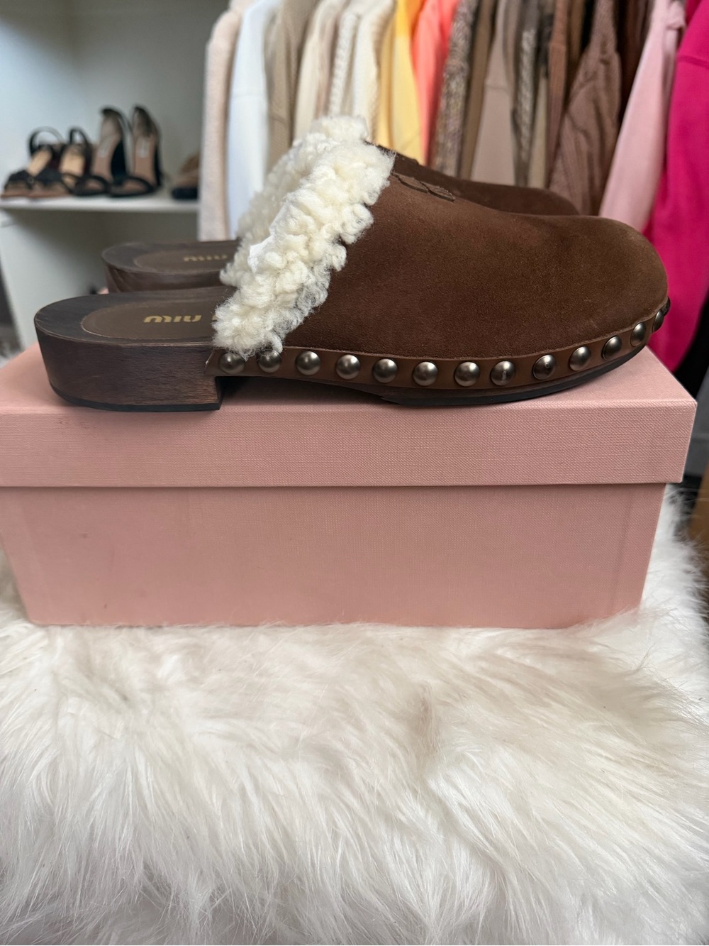 Miu Miu Brown Suede Shearling-Trim Slip-On Clogs - Picture 3 of 7